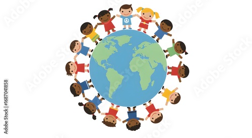 diverse children holding hands around world globe to celebrate World Peace Day