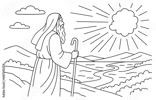 Moses' final glimpse of the promised land scene for spiritual artwork and educational materials