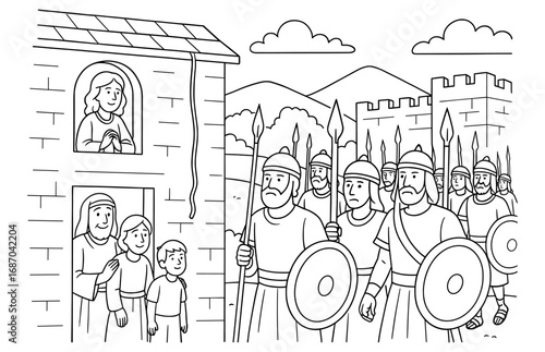 Rahab's scarlet cord: biblical scene with ancient city and soldiers for educational use