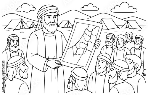 Ancient land division scene with historical figures and tent settlement