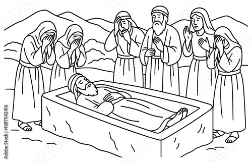 Historical depiction of joshua's tomb with mourning figures in biblical landscape