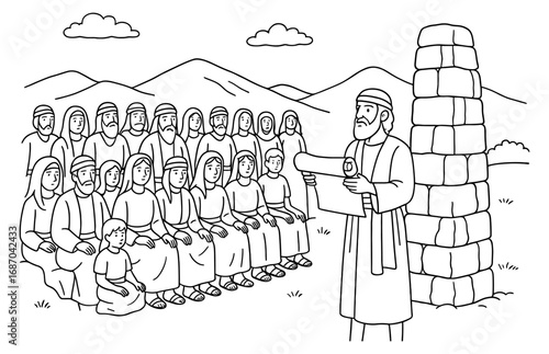 Covenant renewal ceremony with group of people and stone monument in mountainous landscape