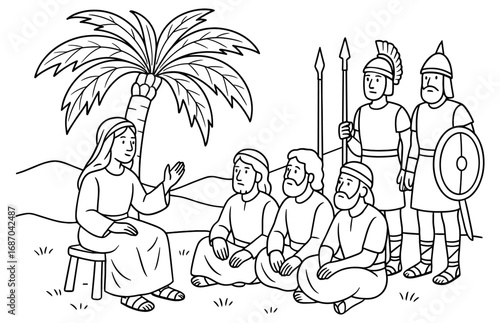 Deborah sharing wisdom under palm tree with ancient soldiers and followers for educational design