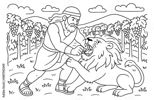 Biblical scene of samson battling a lion in a vineyard setting