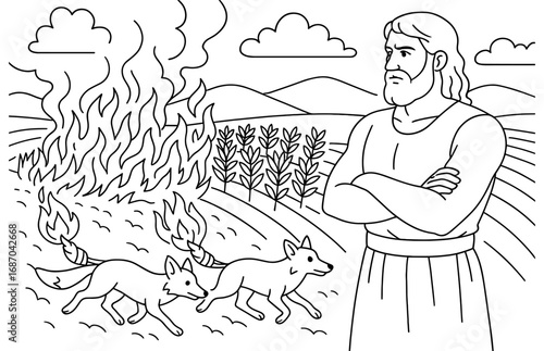 Samson and fiery foxes in biblical scene depicting fields ablaze