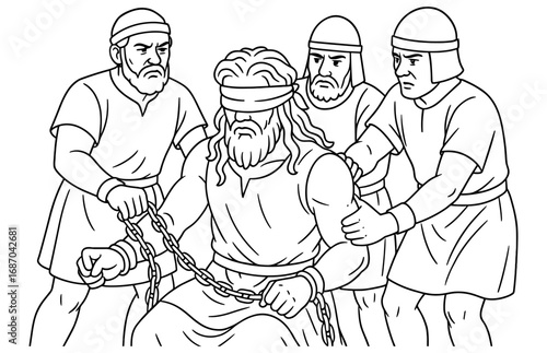 Biblical scene of samson captured by philistines in chains for religious study and coloring