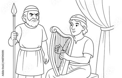 Biblical scene - saul and david confrontation with harp and spear
