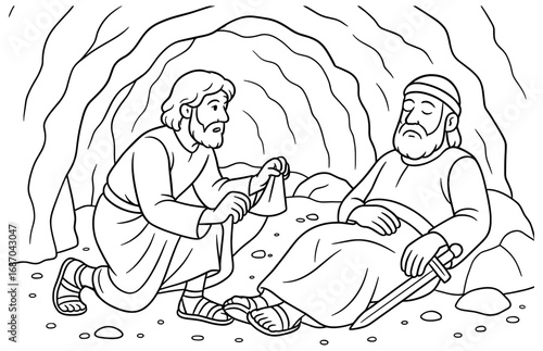 Biblical scene of david and saul in the cave for religious education and coloring pages