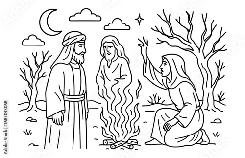 Biblical scene of saul meeting witch for spiritual encounter in desert setting