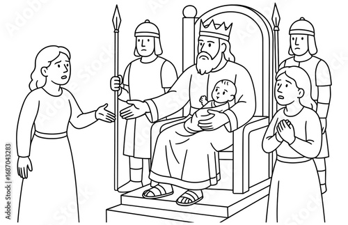 Depiction of king solomon's judgement scene with historic and biblical themes for educational use
