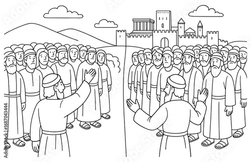 Ancient kingdom division scene with biblical figures and castle landscape for educational design