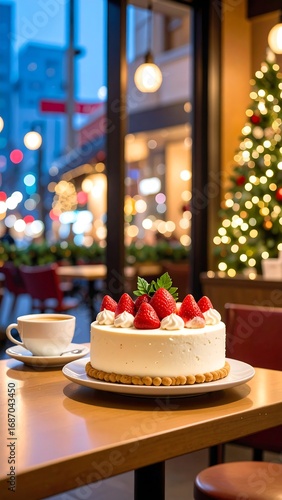 Strawberry cheesecake in a cafe at night