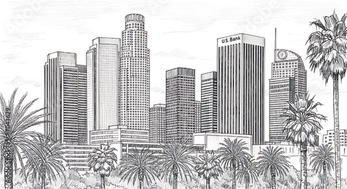 Hand-drawn Los Angeles, California skyline with iconic palm trees. A detailed black and white sketch perfect for travel and wall art designs.