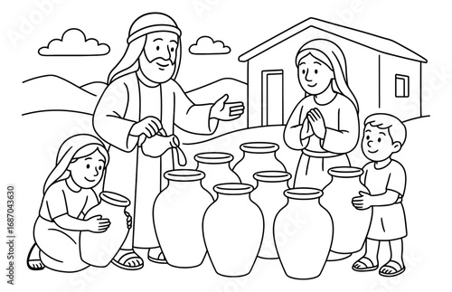 Biblical scene of elisha's oil miracle with family in ancient setting for spiritual education