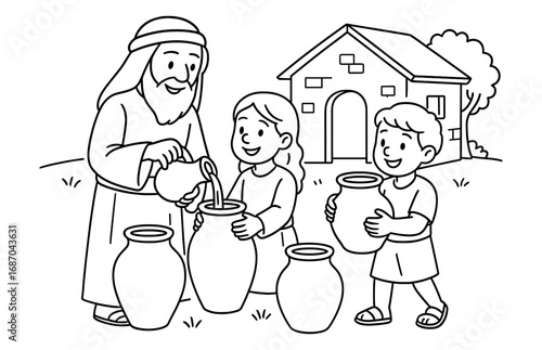 Elisha and children filling jars with oil for a biblical teaching scene