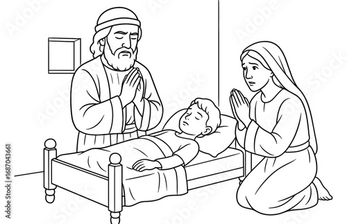 Elisha's prayerful miracle: biblical healing scene with a child in bed