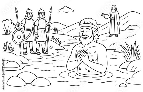 Naaman's healing at river scene with biblical figures for faith-based print design