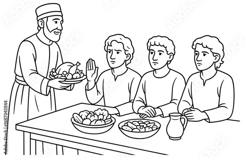 Daniel refusing king's feast in biblical scene with friends at table