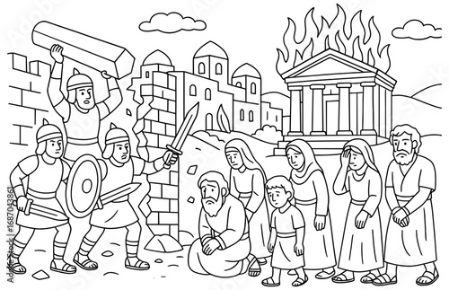Historical scene of jerusalem's fall depicting soldiers and citizens in conflict