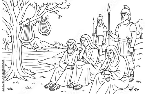 Biblical scene by babylon river with weeping figures and musical instruments for historical design