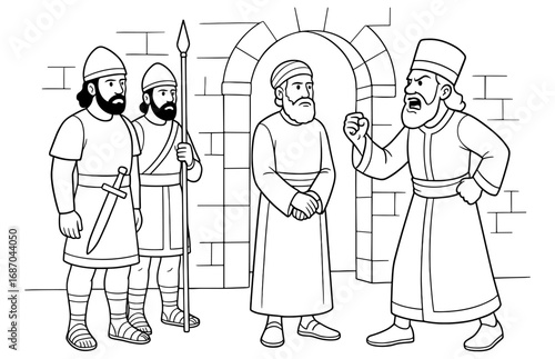 Debate outside city gate with historical figures in traditional attire - line art for storytelling or educational materials