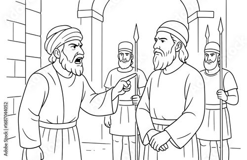 Biblical debate scene with mordecai and guards in ancient setting