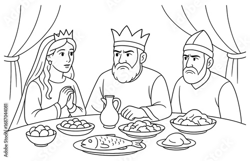 Esther's banquet scene with royal figures in a feast setting for historical and educational designs