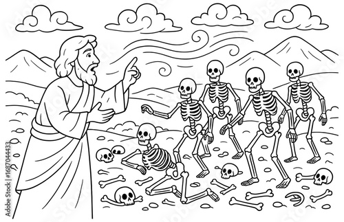 Ezekiel's vision of revival with skeletons in desert scene for inspirational design