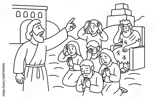 Jonah preaching scene depicting biblical story for educational and religious art projects