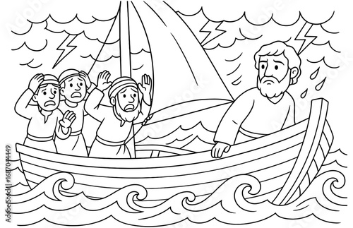 Biblical scene of jonah's stormy escape on the sea - nautical adventure illustration for children's story