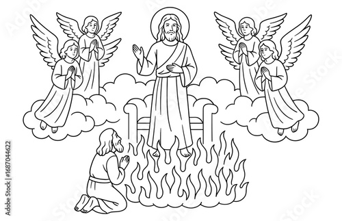 Vision of son of man with angels and flames for religious design
