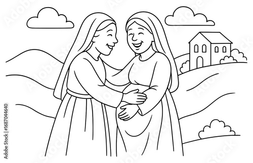 Joyful reunion of women in countryside landscape for greeting card or poster design