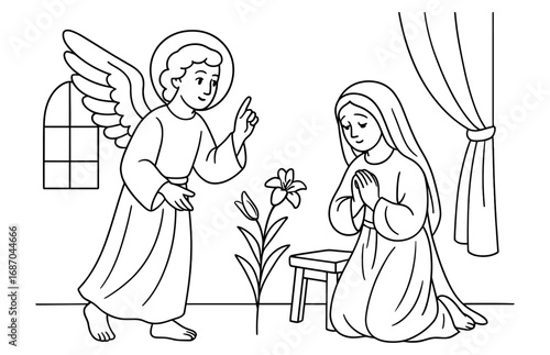 Religious annunciation coloring page with angel and mary for kids' creative activities