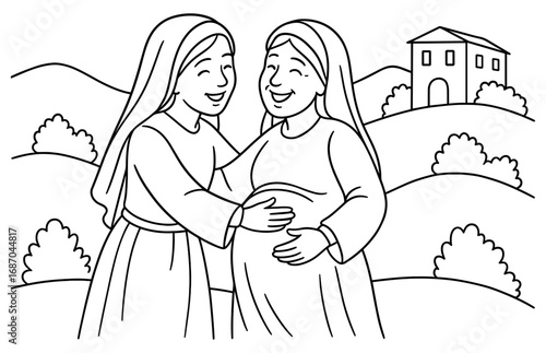 Joyful reunion of two women in scenic landscape for coloring book design