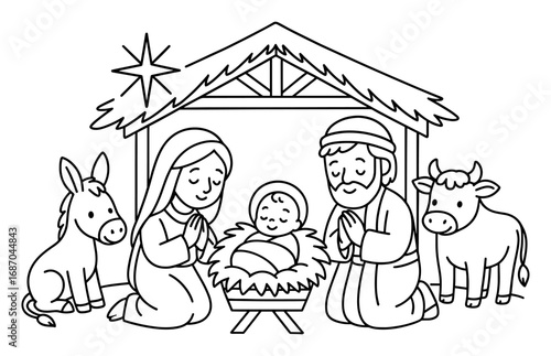 Nativity coloring scene featuring christmas manger with baby jesus for holiday activities