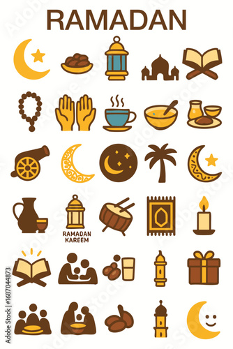 A colorful and symbolic icon set celebrating the holy month of Ramadan. It features traditional elements such as crescent moons, dates, prayer hands, lanterns, mosques, Qur’an, suhoor and iftar meals.