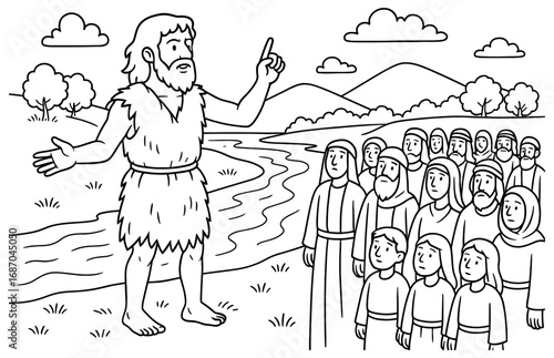 John preaching by the jordan river biblical scene - black and white design for poster or card