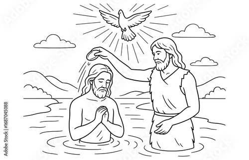 Baptism of jesus scene with john and dove in the river for spiritual design