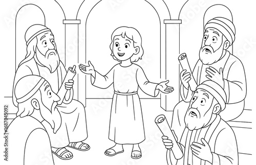 Young jesus teaching in the temple: biblical scene for religious education and art projects
