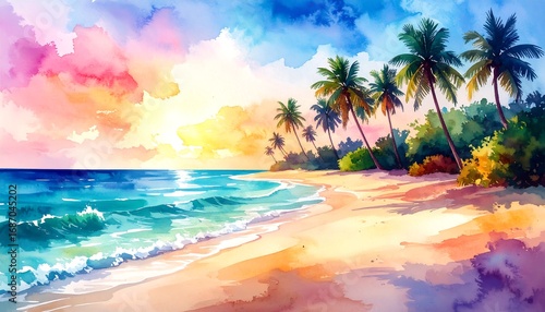Fototapeta Naklejka Na Ścianę i Meble -  Vibrant watercolor sunset beach scene