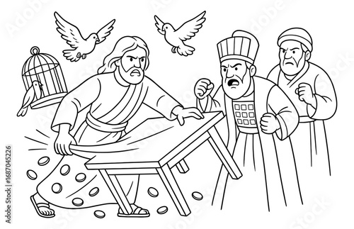 Jesus cleansing the temple scene for religious events and educational materials