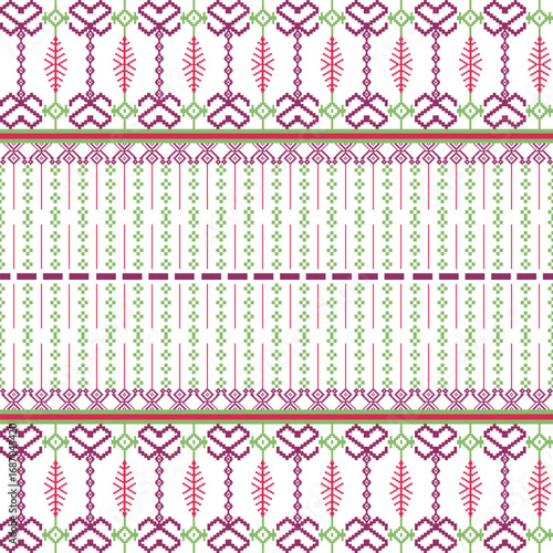 Cross-stitch flowers ethnic boho seamless pattern. Tribal pattern. Folk motif. Textile rapport. Pixel design pattern for wallpaper, tiles, textiles, and elaborate borders.