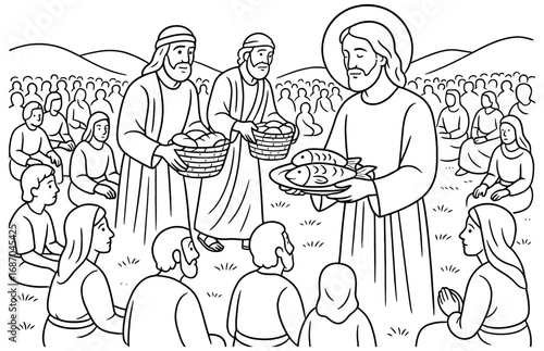 Biblical scene of loaves and fish blessing - religious narrative design for education and faith materials