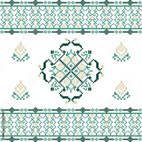 Set of 4 ornamental borders in ethnic style. Pixel seamless pattern. Green and cream cross-stitch Ukrainian embroidery. Ideas for wallpaper, tiles, textiles, and fabric edges.