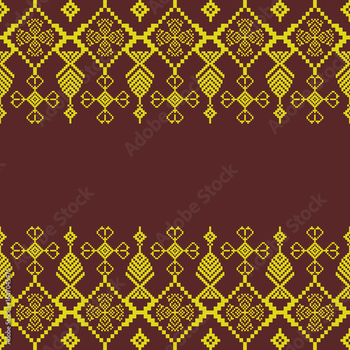 Gold cross-stitch ethnic seamless pattern on a brown background. Boho ornament. Ideas for wallpaper, pattern fills, backgrounds, textiles, rugs, and surface textures.