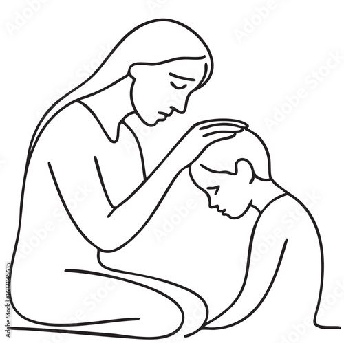 Woman hold her baby, Minimalist black linear sad sketch isolated on white background