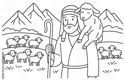 Shepherd caring for lost sheep in mountainous landscape for book illustration or educational material