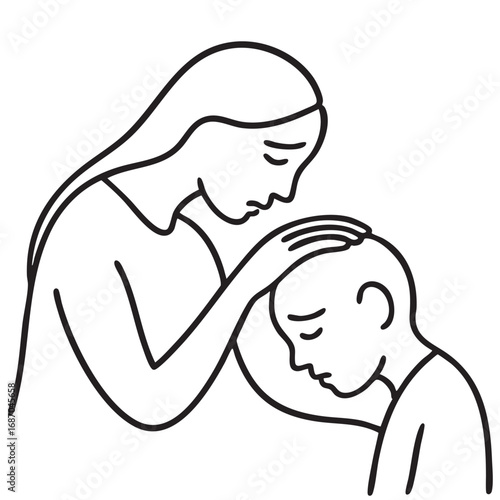 Woman hold her baby, Minimalist black linear sad sketch isolated on white background