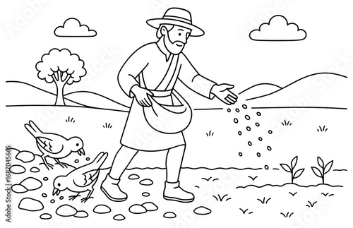 Sower parable scene depicting farmer sowing seeds in field for educational and religious design