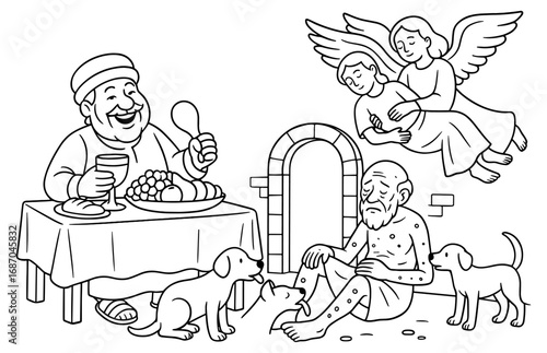 Rich man and lazarus scene depicting angelic presence and contrast between wealth and poverty